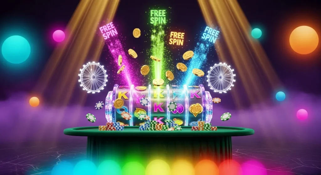2026 Free Spins Trends: Futuristic Megaways slots exploding with rainbow neon lights, golden coins raining,